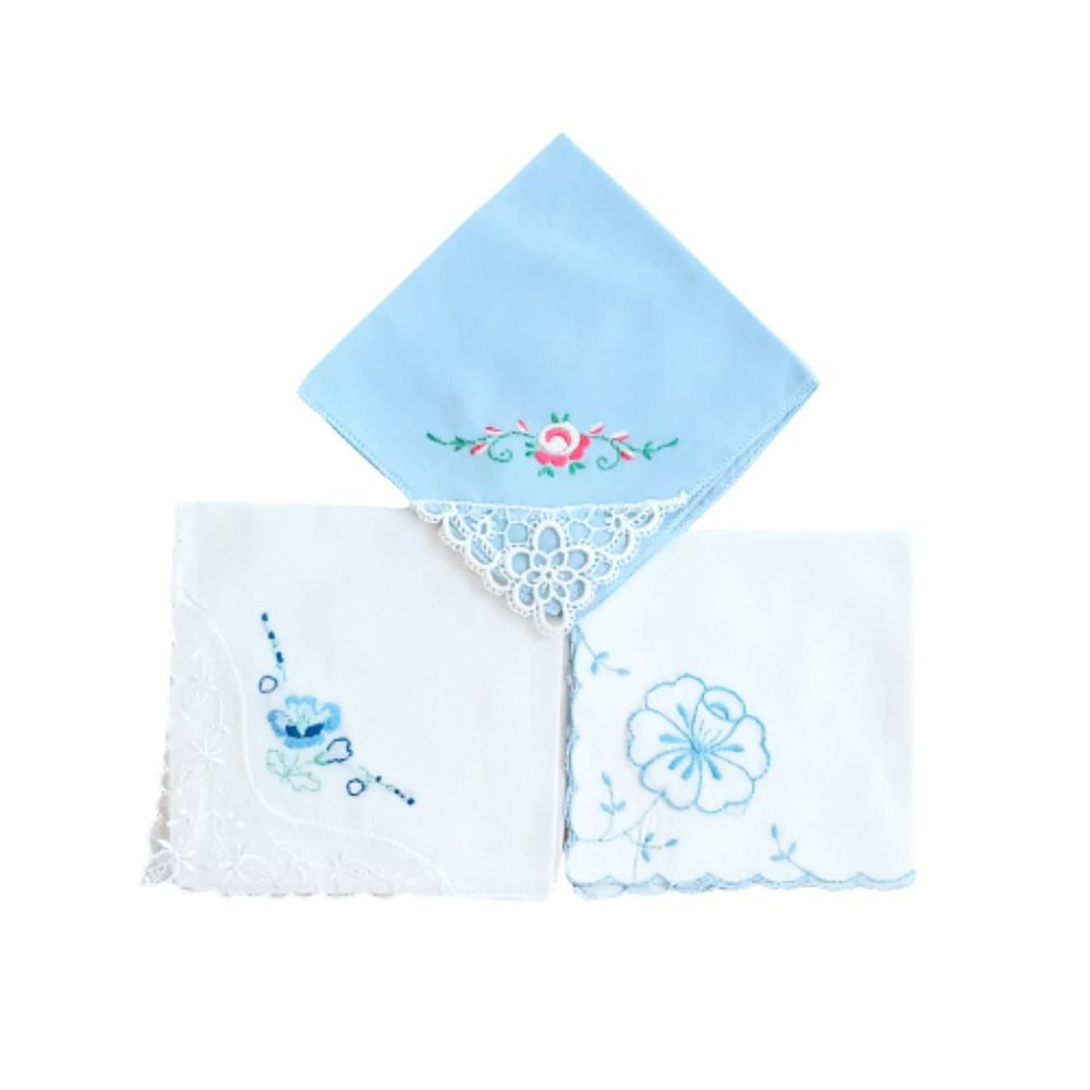 Vintage Floral Embroidered Handkerchiefs Lot 3 Blue White Dainty Scalloped Edges